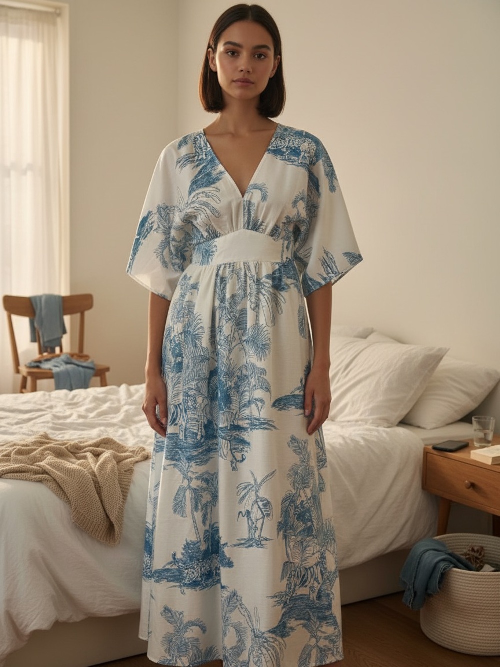 Baltic Born Pink Maxi Dress with Blue Tropical Print